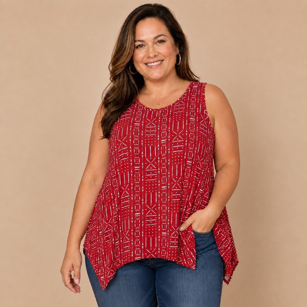 Style & Co Red Scoop Neck Tank Top Women's XL Tribal Hanky Hem Festival Boho